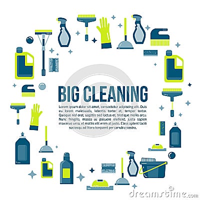 Vector cleaning items banner in flat style with spray bottle, bucket, mop and household supplies. Sanitary and Vector Illustration