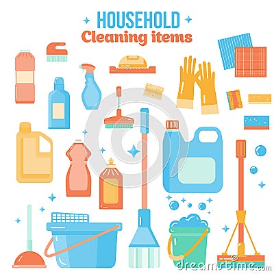 Vector cleaning items in flat style with spray bottle, bucket, mop and household supplies. Sanitary and desinfection Vector Illustration