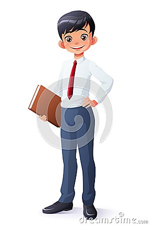 Vector clever smiling young Asian school student boy with book. Vector Illustration