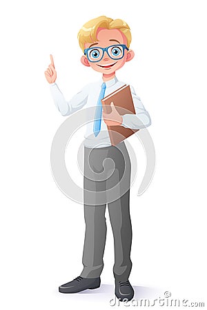 Vector clever young school boy with eyeglasses finger pointing up. Vector Illustration