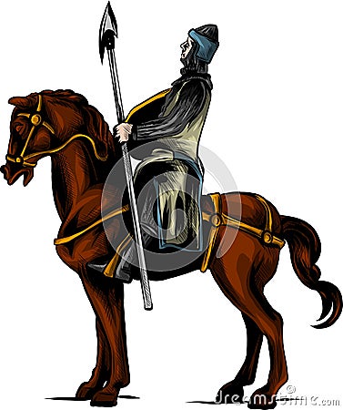 Vector clip art illustration of an armored knight on a scary black horse with red eyes charging or jousting with a lance Vector Illustration