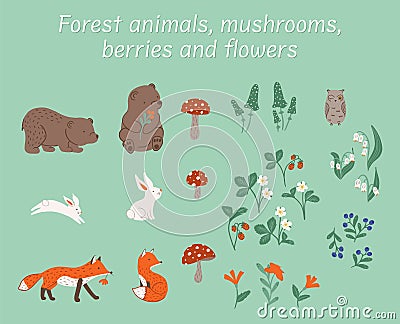 Vector clip art set, forest animals, mushrooms and wild berries Vector Illustration