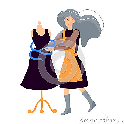 Vector clip-art woman gray-haired tailor seamstress creates a dress. Flat illustration hand drawn on a white background. Business Cartoon Illustration