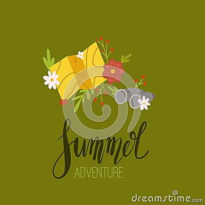 Vector clipart illustration of summer adventure. Bright child image of hiking. Map and binoculars with floral decoration Vector Illustration