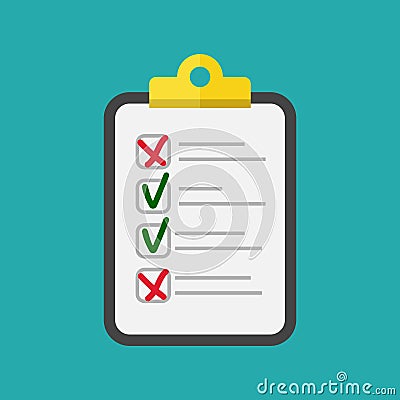 Vector clipboard and checklist with checkmarks and crosses. Business tablet with a completed application form. Vector Illustration