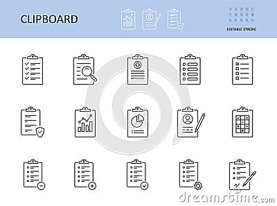 Vector clipboard icon. Editable stroke. To-do list, check sheet and pencil pen. Icons registration form, test questionnaire survey Vector Illustration