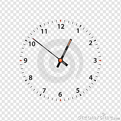 Vector clock face isolated on transparent background. Clock icon design template closeup. Time scale with numbers and clock hands Vector Illustration