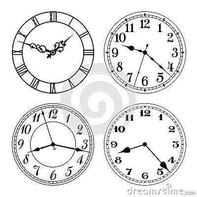 Vector clock faces in black and white. Arabic and roman numerals. Vector Illustration