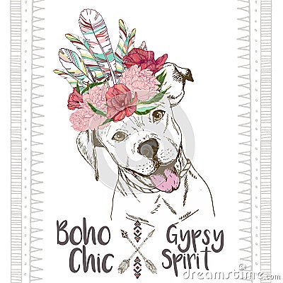 Vector close up portrait of pitbull dog, wearing the indian feather headpiece. Traditional boho chic decoration Vector Illustration