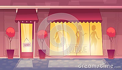 Vector closed cartoon boutique with illuminated shop-window Vector Illustration