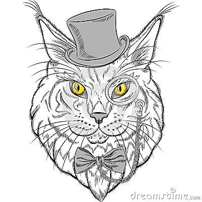 Vector closeup portrait of the Maine Coon cat hipster Vector Illustration