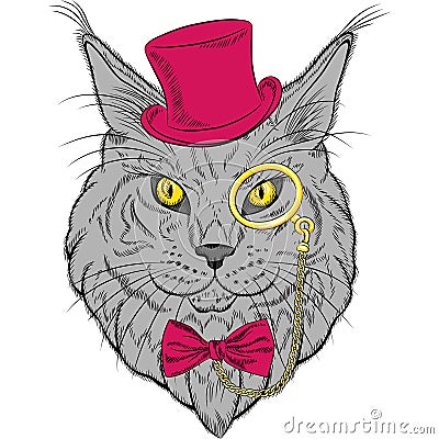 Vector closeup portrait of the Maine Coon cat hipster Vector Illustration