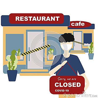 Vector Closing cafe, resteurant and everyone to quarantine Coronavirus concept. Cafe, restaurant with plate closed, coronavirus Vector Illustration