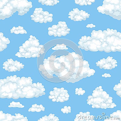 Vector clouds in the blue sky seamless pattern. Cartoon Illustration