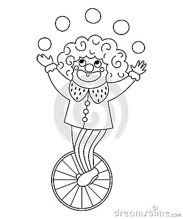 Vector clown line icon. Black and white circus artist clipart. Amusement holiday man on a wheel juggling balls. Cute funny Vector Illustration