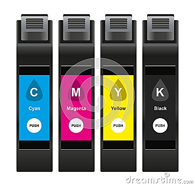 Vector cmyk ink cartridges for ink-jet technology â€“ cyan, magenta, yellow and black colors isolated Vector Illustration