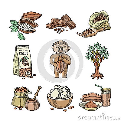 Vector cocoa products handdrawn sketch icons chocolate cacao production sweet illustration. Vector Illustration