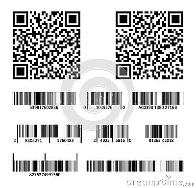 Vector code bar for design product. Scan barcode for packaging element. Set of supermarket qrcodes. Example codes striped label Vector Illustration