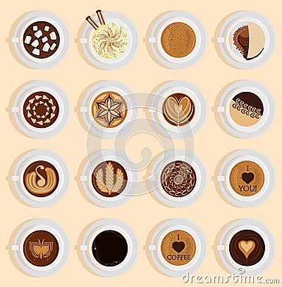 Vector coffe top view realistic drink different coffee recipe like cappuccino, chocolate, latte on cup blackboard Vector Illustration