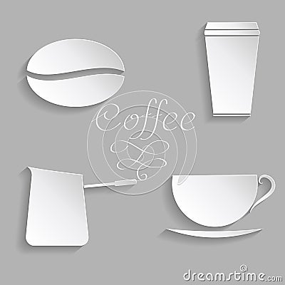 Vector coffee background with floral pattern elements. 3D elements with shadows and highlights. Paper cut. Vector Illustration