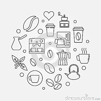 Vector coffee circular illustration in thin line style Vector Illustration