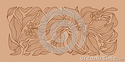 Vector coffee pattern background, line wavy illustration with beans. Floral, leaves print, package, banner. Art deco Vector Illustration