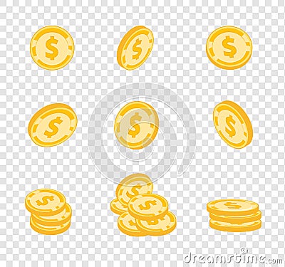 Vector coins, gold coins, dollars money in different angles on transparency background Vector Illustration