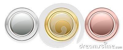 Vector coins or medals collection. Set of shiny round frames in gold, silver and bronze color Vector Illustration