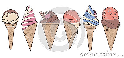 Vector colection set with cute delicious looking cartoon ice cream cones Cartoon Illustration