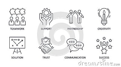 Vector collaboration icons. Editable stroke. Teamwork problem solving solution partnership. Trust communication creativity success Vector Illustration