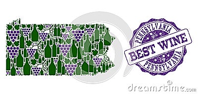 Collage of Grape Wine Map of Pennsylvania State and Best Wine Stamp Vector Illustration