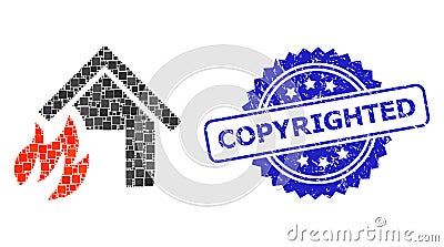 Grunge Copyrighted Seal and Square Dot Collage House Fire Disaster Vector Illustration