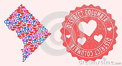 Composition of Sexy Smile Map of District Columbia and Grunge Heart Stamp Vector Illustration