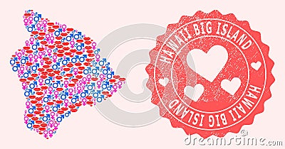 Collage of Sexy Smile Map of Hawaii Big Island and Grunge Heart Stamp Vector Illustration