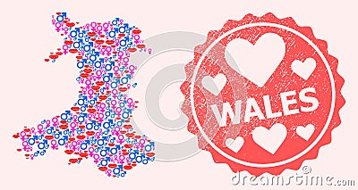 Collage of Love Smile Map of Wales and Grunge Heart Stamp Vector Illustration