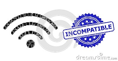 Scratched Incompatible Seal and Square Dot Collage Wi-Fi Source Vector Illustration