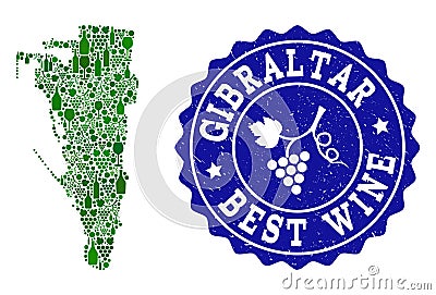 Composition of Grape Wine Map of Gibraltar and Best Wine Grunge Watermark Vector Illustration