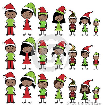 Vector Collection of African American Christmas or Holiday Style Stick Figures Vector Illustration