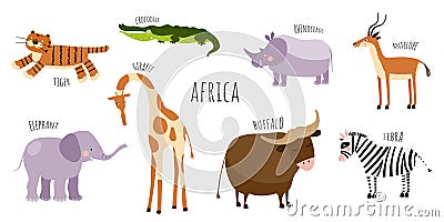 Vector collection with african animals. Illustration with cute animals for children. Elephant, giraffe, crocodile, tiger Vector Illustration