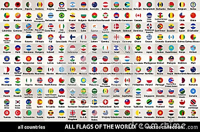 Vector collection of all flags of the world in circular design, arranged in alphabetical order, with original colors and high deta Vector Illustration