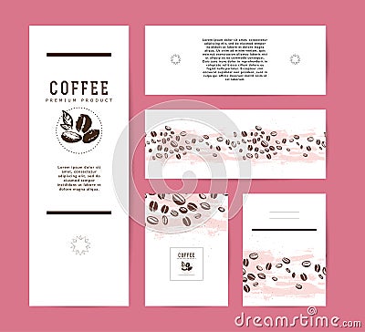 Vector collection of artistic cards with coffee emblems & logo, hand drawn coffee beans & seeds, textures & patterns. Vector Illustration