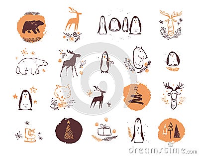 Vector collection of artistic hand drawn christmas decor elements compositions in sketch style - penguin, deer, polar bear, fir tr Vector Illustration