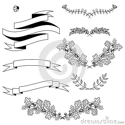 Vector Collection of autumn branches, Black Line Laurels, Floral Elements and ribbon. Vector Illustration