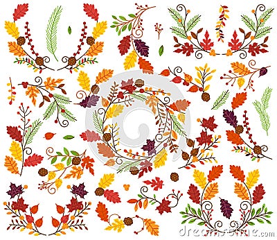 Vector Collection of Autumn and Thanksgiving Themed Floral Elements Vector Illustration