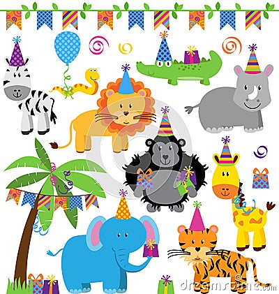 Vector Collection of Birthday Party Themed Jungle Animals Vector Illustration