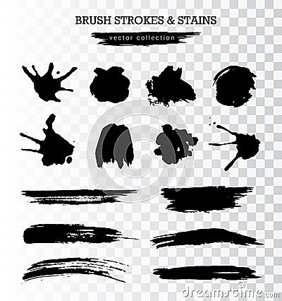 Vector collection of brush strokes and grunge stains isolated on transparent background Vector Illustration