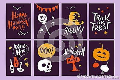 Vector collection of cartoon Halloween celebration cards and flayers with lettering and cute funny animals. Vector Illustration