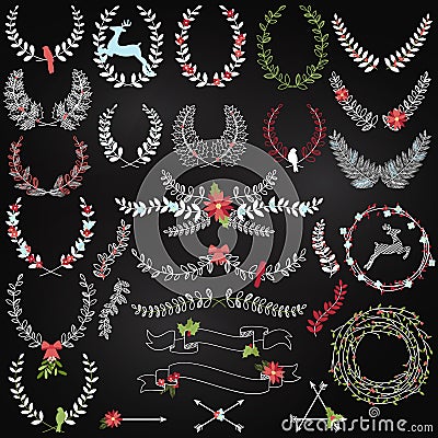 Vector Collection of Chalkboard Christmas Holiday Themed Laurels Vector Illustration