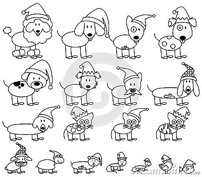 Vector Collection of Christmas Themed Stick Figure Pets Vector Illustration