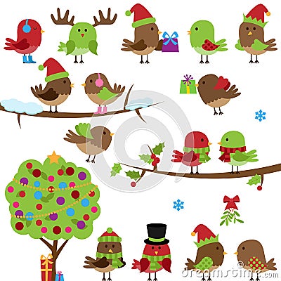 Vector Collection of Christmas and Winter Birds Vector Illustration